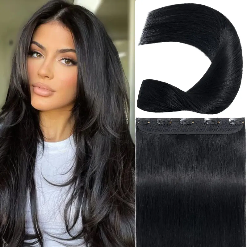 5 Clips In Hair Extensions Brazilian Human Remy Hair Long Straight Hairstyle Natural Hairpiece 12-26_voghion.com