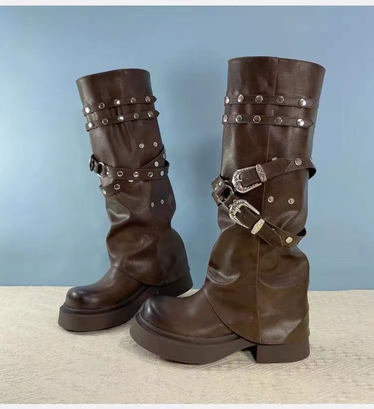 Nouveau modèle, bottes hautes vintage à bout rond pour femmes, créateur de niche, ornées de rivets, style chevalier._voghion.com