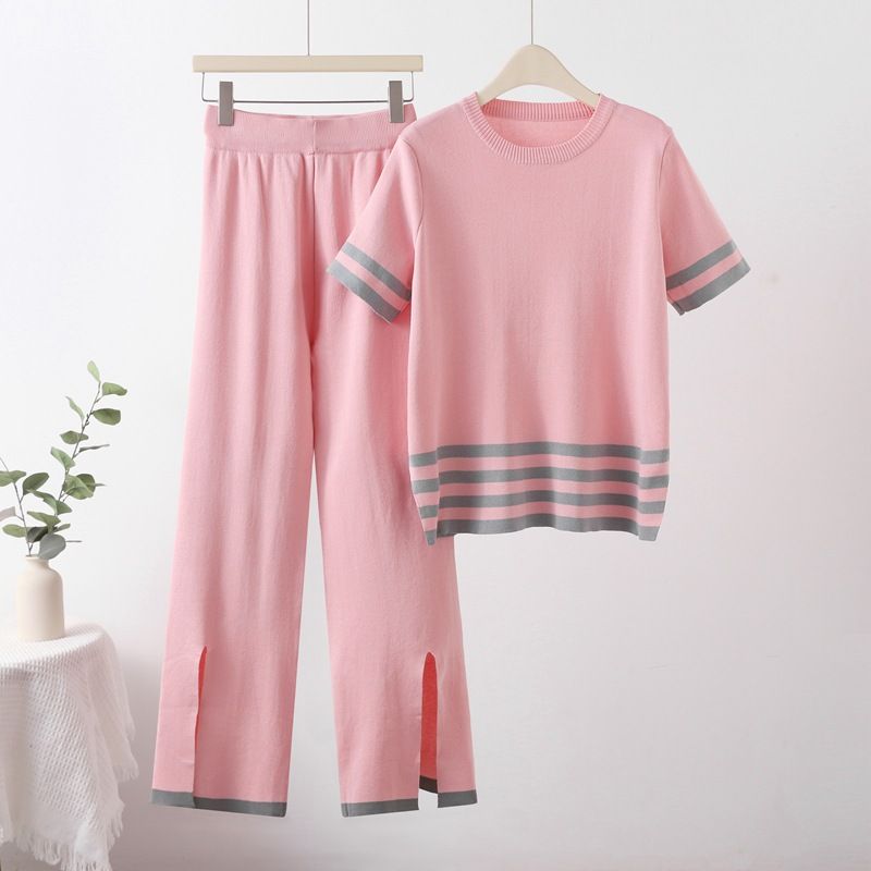 Costume de mode à carreaux croisés, pull à manches courtes fendu à rayures, taille haute, pantalon large et slim, costume décontracté deux pièces pour femmes_voghion.com