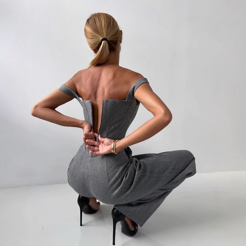 Elegantes professionelles Anzugset für Damen mit Stäbchenstruktur – Hosenanzug aus Stretch-Baumwollmischung für den Frühling (Grau/Rot)_voghion.com