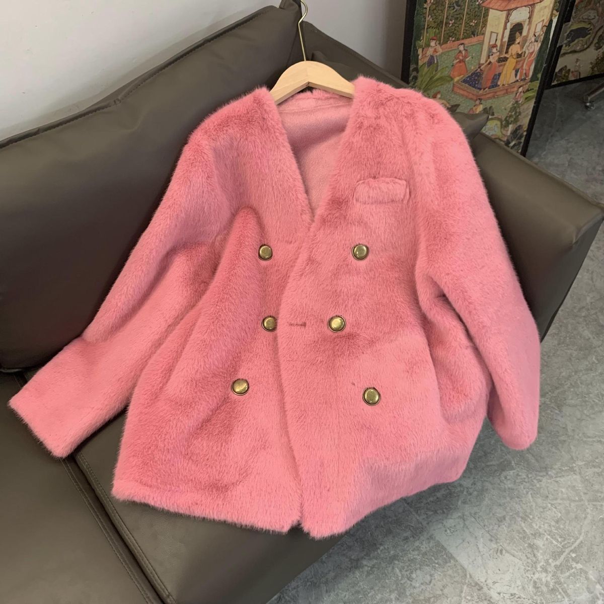 Fashionable Double-Breasted Faux Fur Coat With Copper Buttons - Mid-Length Winter Coat For Women, Eco-Friendly Faux Fur, Elegant And Warm_voghion.com
