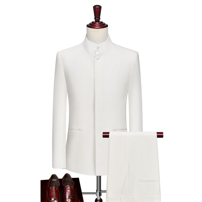 Completo da uomo in stile cinese, due pezzi, con colletto alla coreana bianco_voghion.com
