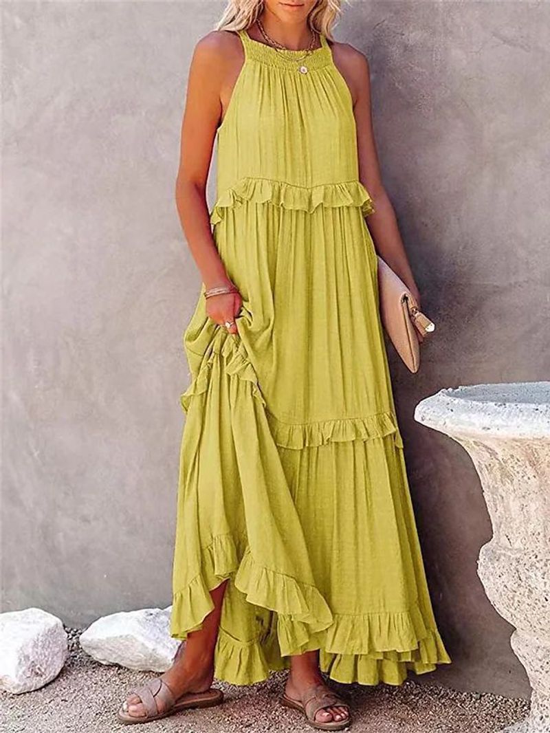2025 Summer New Vacation Wind Lotus Leaf Edge Long Dress With Large Swing And Flowing Beach Skirt For Women_voghion.com