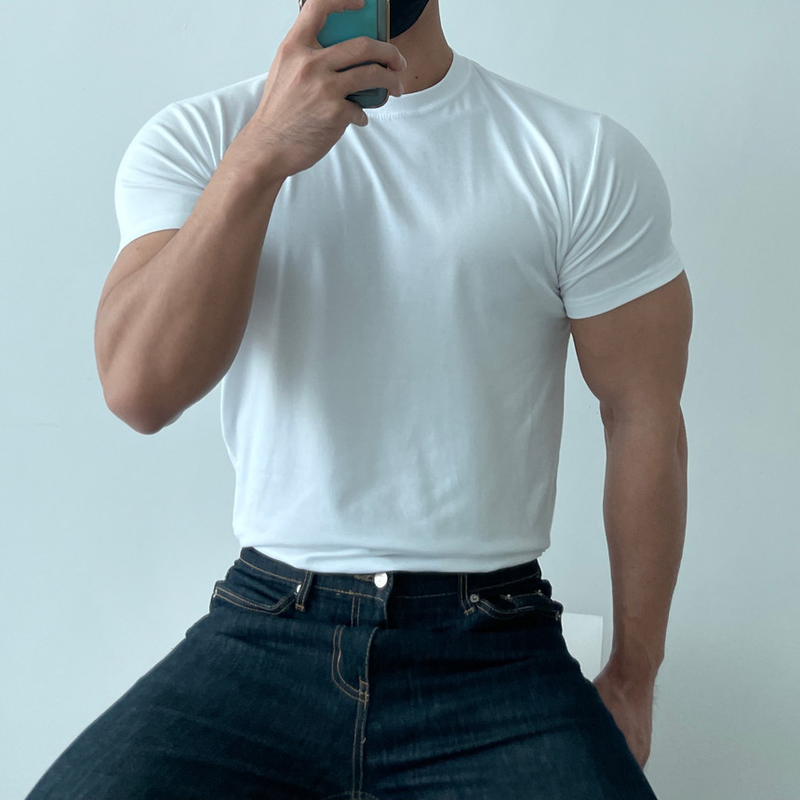 Maglietta da allenamento con orlo elastico - Maglietta da palestra elasticizzata al 93% in cotone con scollo tondo traspirante (unisex, ad asciugatura rapida, multi-sport)_voghion.com