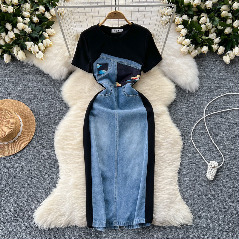 Women's Clothing Dress Round Neck Short Sleeves Stitching Print Denim Slim Long Skirt_voghion.com