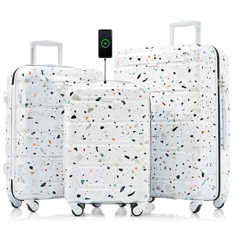 Luggage Set Of 3, 20-Inch Carry-On With USB Port, Airline Approved ABS+PC Hard Shell Suitcase With Spinner Wheels & Side Hooks For Easy Travel_voghion.com