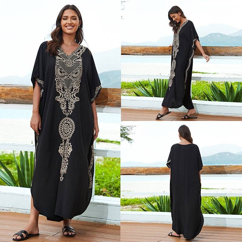 Women's Clothing Cotton Embroidered Loose Large Size Robe Women's Floral Embroidered Loose Fit Maxi Cover-Up Dress Beach Kimono Bikini Wrap Long Dress_voghion.com