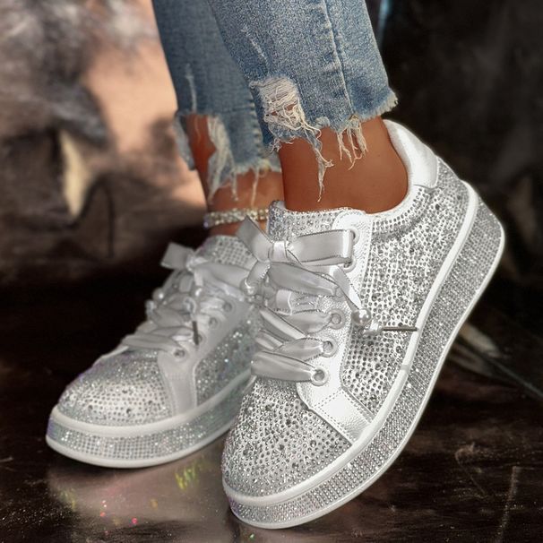Sneakers casual con strass taglie forti per donna - Scarpe basse alla moda con lacci e design scintillante, comode ed eleganti per l'estate_voghion.com