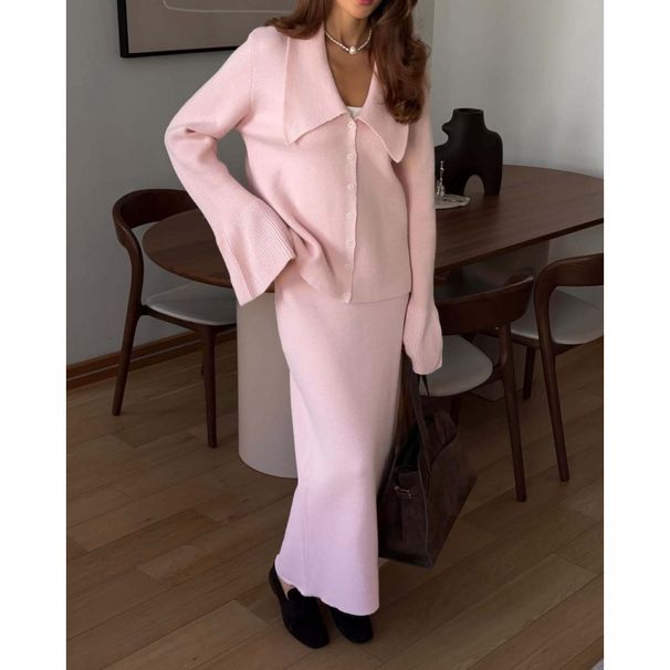 Women's Autumn Winter Solid Color Knit Sweater Set Lapel Polo Shirt With Flared Sleeves & Midi Skirt Two-Piece Outfit_voghion.com