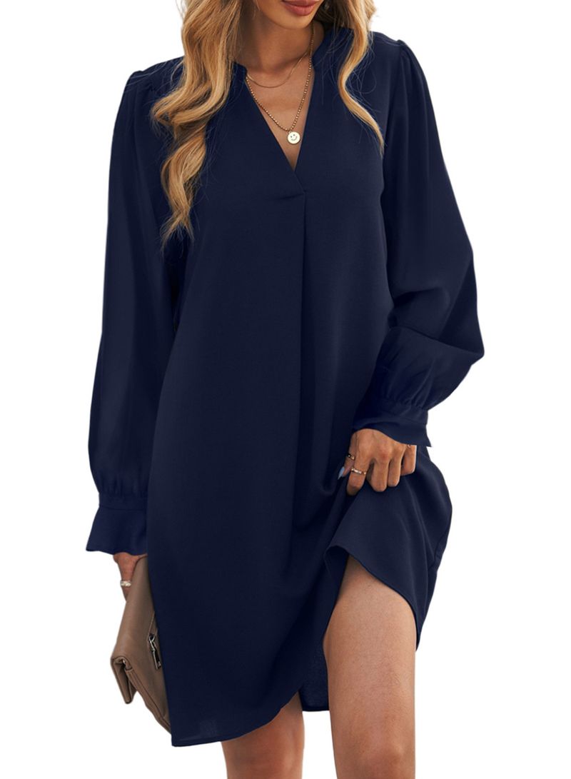 Gonna corta da donna tinta unita con scollo a V e manica arricciata con scollo a V delle nuove donne autunno e inverno Shi Ying_voghion.com