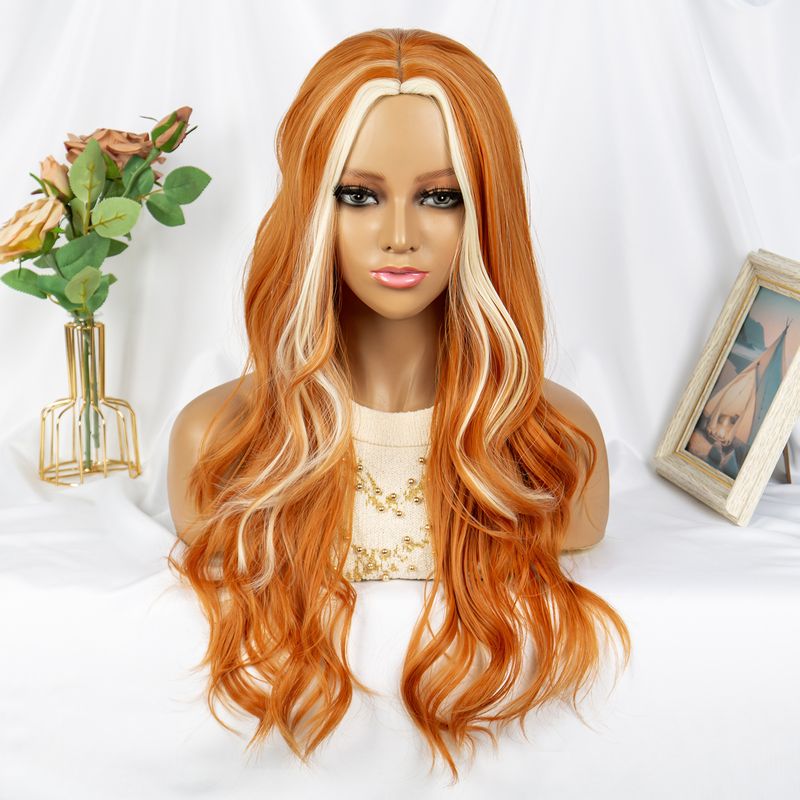 Paruky pro ženy realisticky vypadající dlouhá vlnitá zářivě oranžová paruka s blond syntetickými vlasy, dámská paruka, zázvorová barva_voghion.com