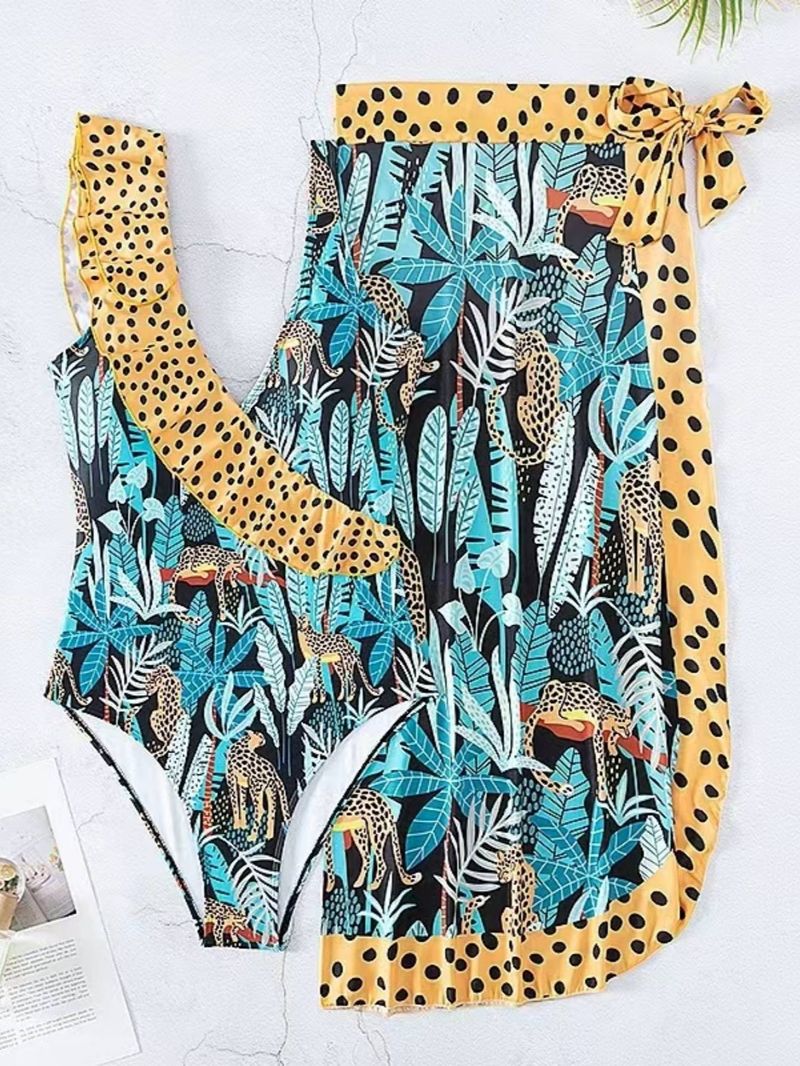 Maiô feminino europeu e americano com babados, saia de chiffon, conjunto conservador de duas peças_voghion.com