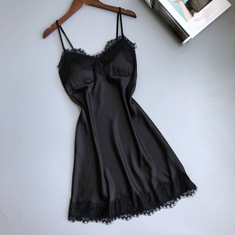 Underwear Pajamas Women Summer Extremely Tempting Sexy V Neck Lace Suspenders Nightdress Silk Home Clothes Silk_voghion.com
