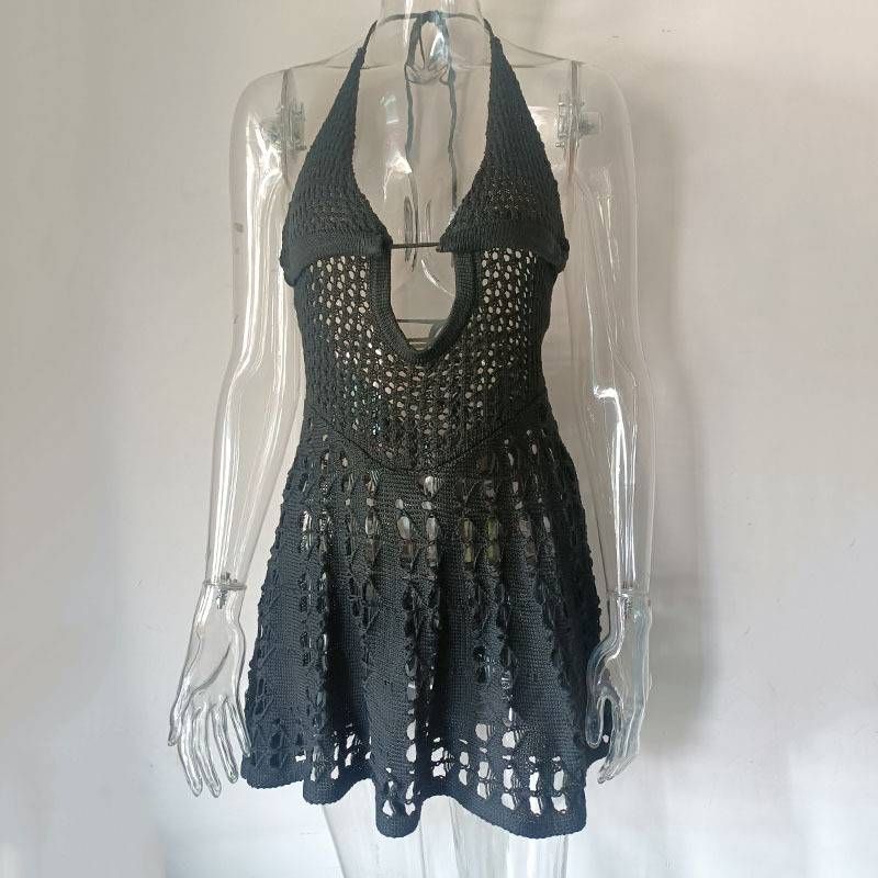 Women's Clothing Sexy Suspender Knitted Hollow Backless Beach Dress_voghion.com
