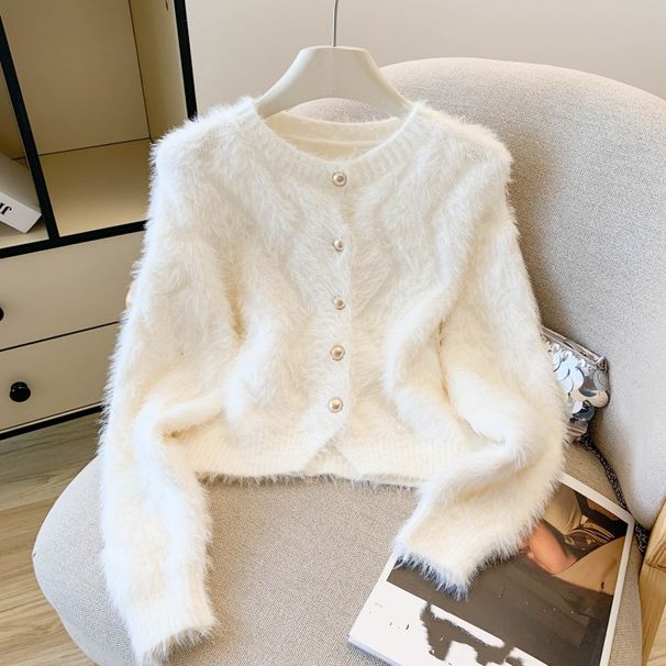 aux Mink Knit Cardigan – Soft Short-Sleeve Pullover (White/Beige) | Elegant & Cozy Women’s Sweater_voghion.com