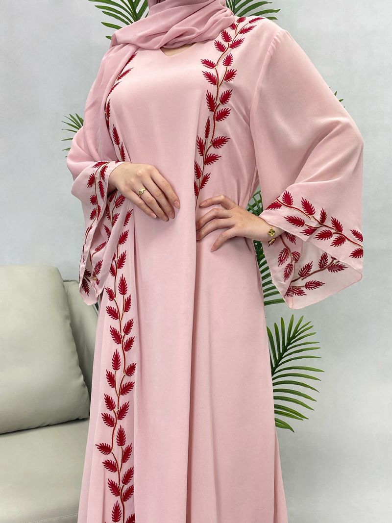 Robe longue brodée à motifs végétaux et col rond en mousseline de soie rose pour femme_voghion.com