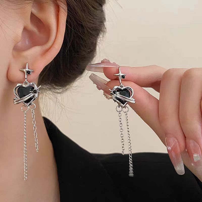 1 Pair Ig Style Simple Style Star Heart Shape Tassel Plating Inlay Alloy Rhinestones Diamond Silver Plated Drop Earrings_voghion.com
