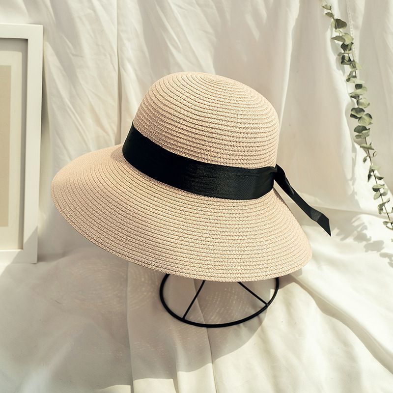 Unisex Women's fashionable straw hat with ribbon bow Beach holiday sun protection foldable Beach hat girl_voghion.com