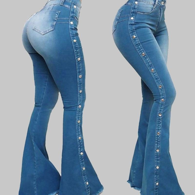 High waist elastic mop flared jeans ladies trousers_voghion.com