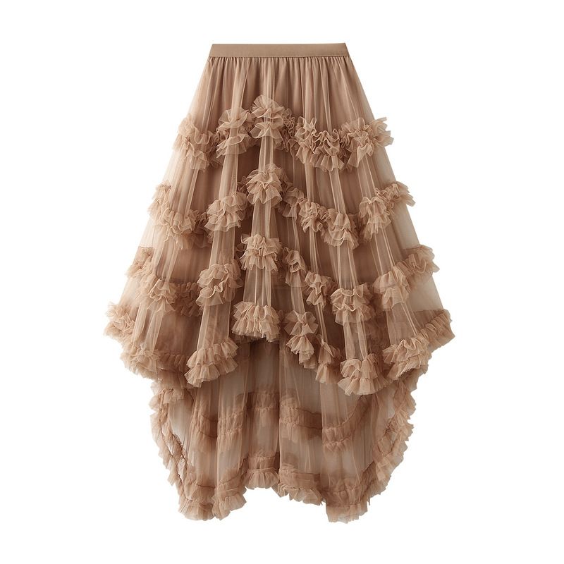 Women's Clothing Gauze skirt candy color elastic waist fairy mesh skirt fluffy irregular ruffle cake skirt _voghion.com