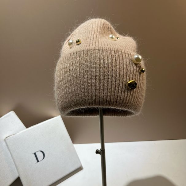 CHA Xiaoxiangfeng Pearl Woolen Autumn Winter Warm Rabbit Hair Knitted Korean Version Sweet and Age Reducing Windproof_voghion.com