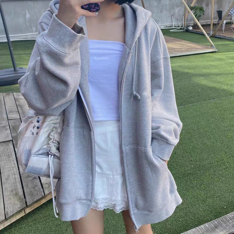 Women Oversized Loose Hoodies Sweatshirts Autumn Solid Color Lon Sleeve Hooded Tops Female Zip-Up Pockets Coats_voghion.com