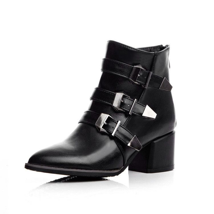 Belt Buckle Motorcycle Pointed Toe Plus Size Women's High Heel Ankle Boots Trendy 6-62_voghion.com