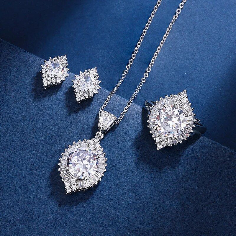 Three piece set of minimalist, fashionable, elegant, luxurious 4-carat zircon pendant rings, earrings, and women's_voghion.com