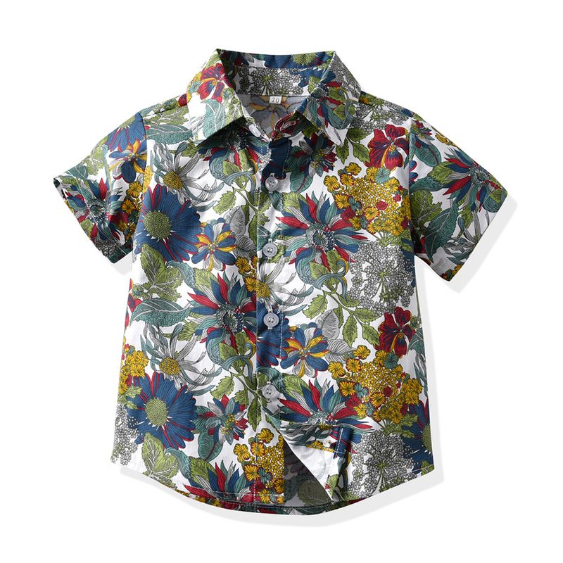 Mother&Kids Shirt summer short sleeve flower lapel cardigan boys casual cotton top clothing_voghion.com