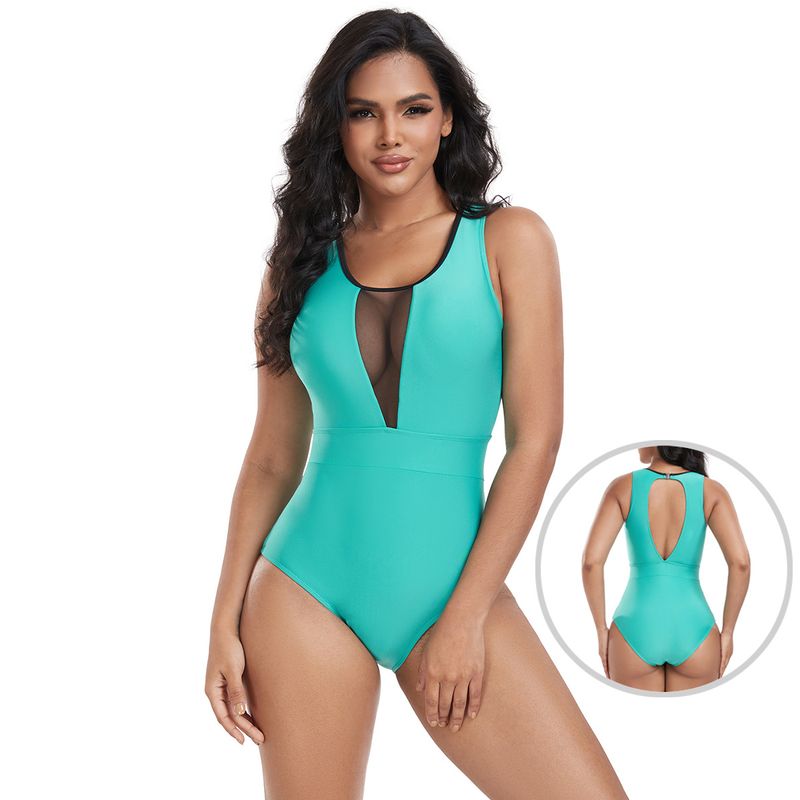 New One-piece Swimsuit Conservative Solid Color Patchwork Bodysuit Women_voghion.com