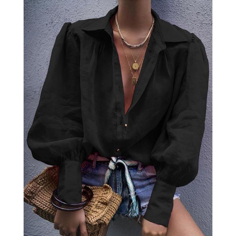 Frauen lose einfarbig lange bluse laterne ärmel bluse set stehkragen bluse_voghion.com