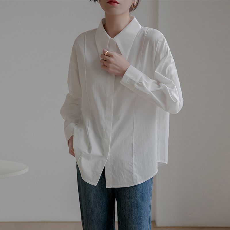 2025 Nvyis2025 Primavera Colletto a punta Un top in stile francese di nicchia, camicia casual ampia per donne con maniche lunghe_voghion.com