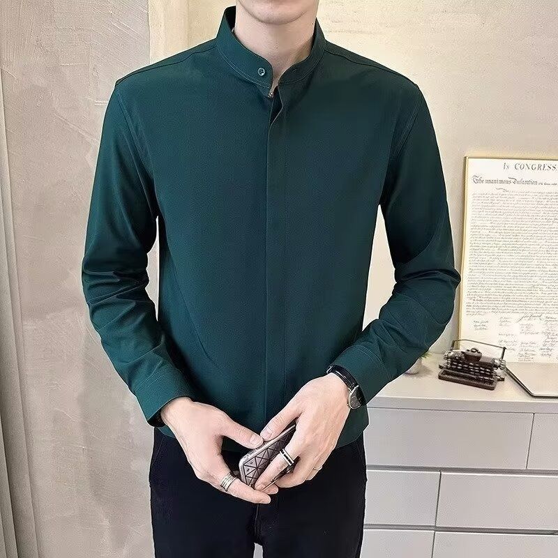 Small Stand Collar Fashionable Shirt Men's Long Sleeved Casual Wrinkle Resistant Slim Fit Solid Color Shirt_voghion.com