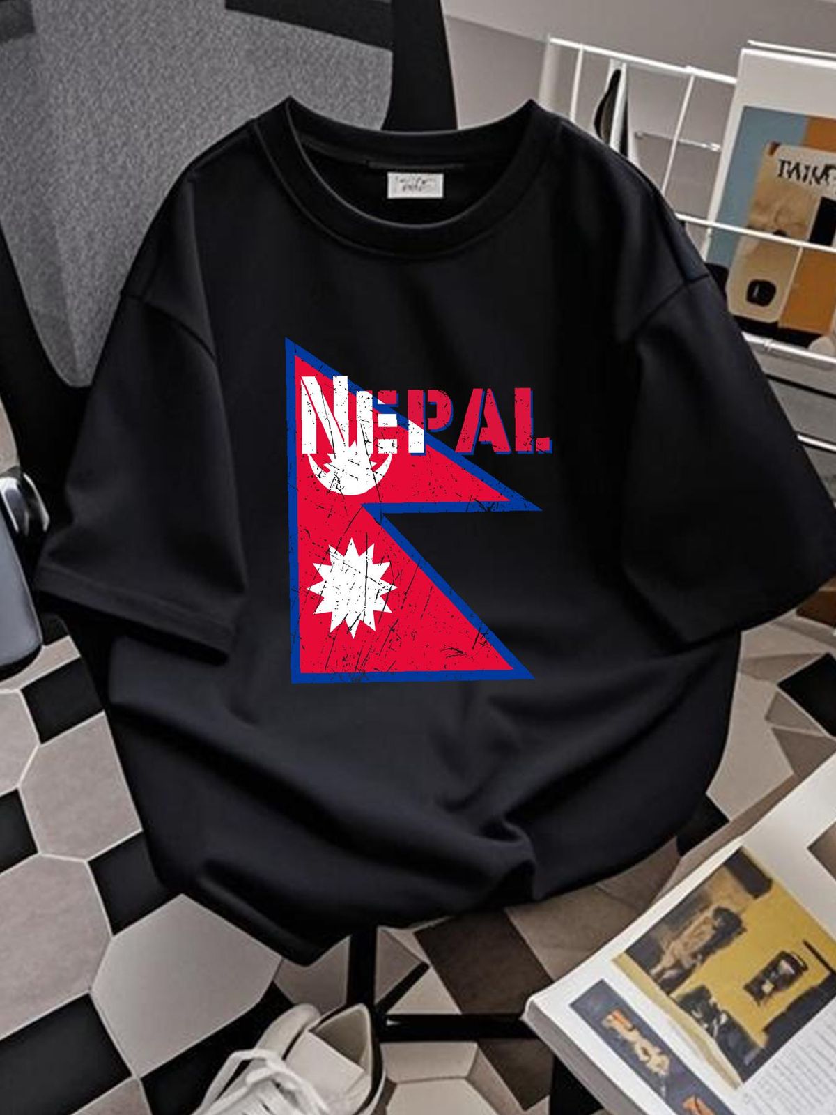 Maglietta con bandiera del Nepal, maglietta con mappa della città, Shah, Himalaya, sole e luna, unisex, estiva, elegante, versatile, elasticizzata, leggermente comoda, da uomo._voghion.com