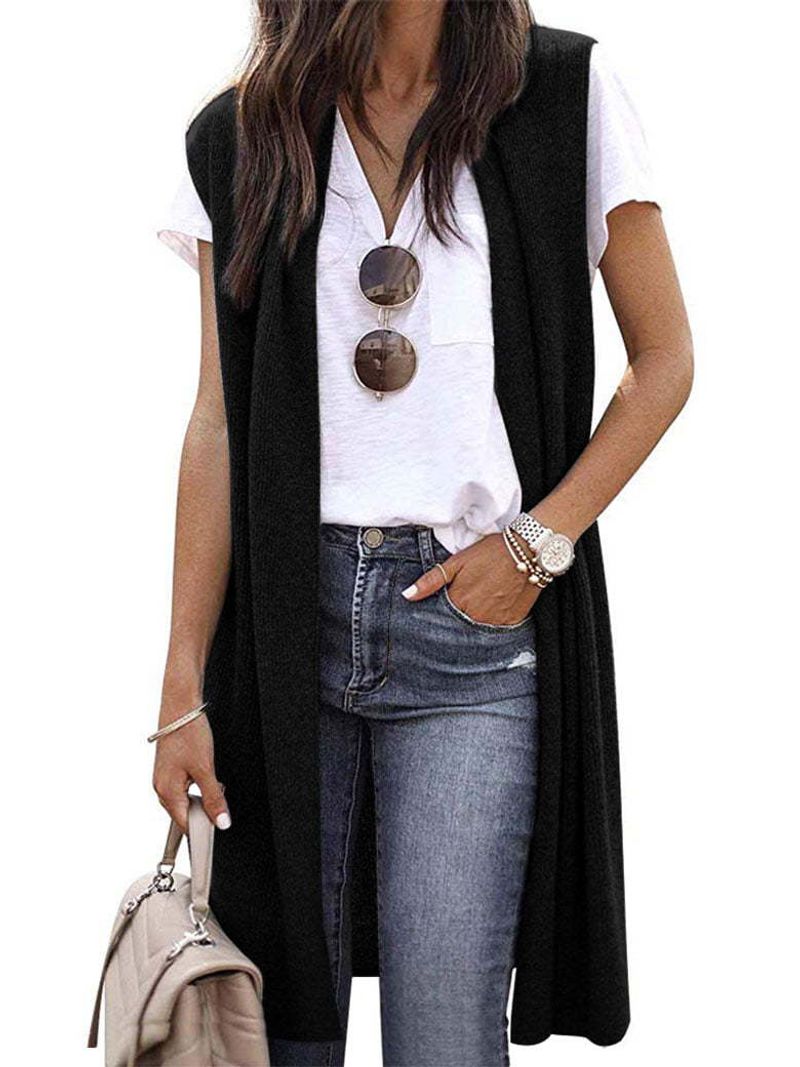 Gilet long décontracté de couleur unie pour femmes_voghion.com