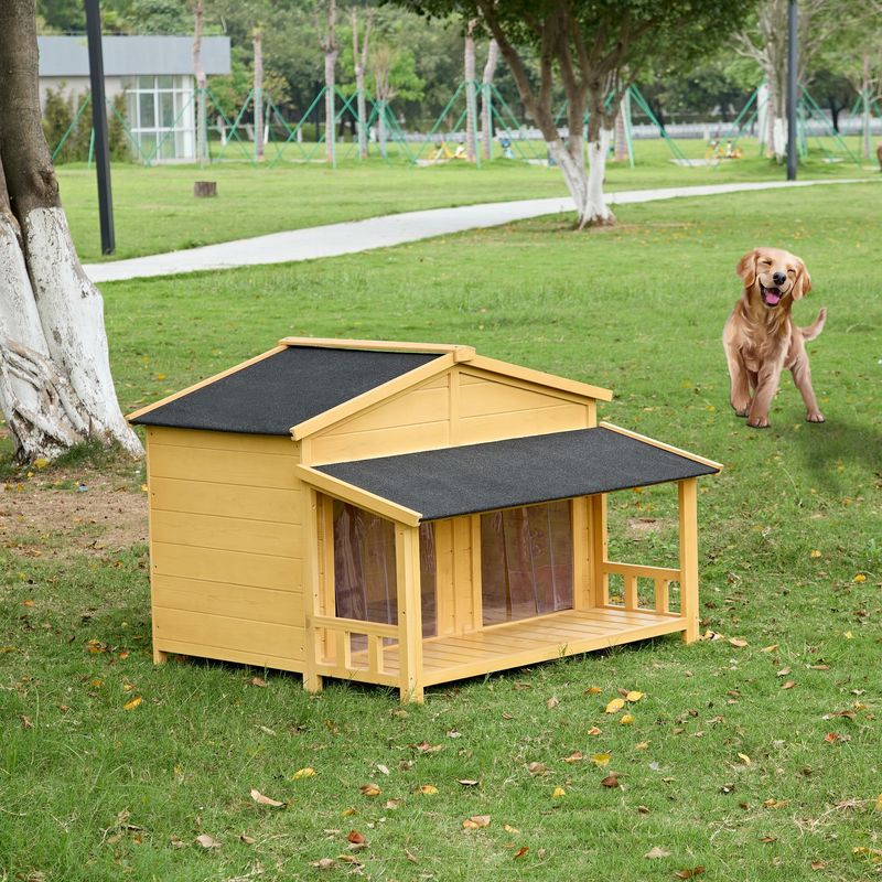 Dog House, Waterproof Dog Cage Kennel, Wooden Outdoor And Indoor Dog House, Raised Pet Kennel For Medium Dogs, Log Cabin Style With Porch,Elevated Floor,Asphalt Roof, 2 Doors_voghion.com
