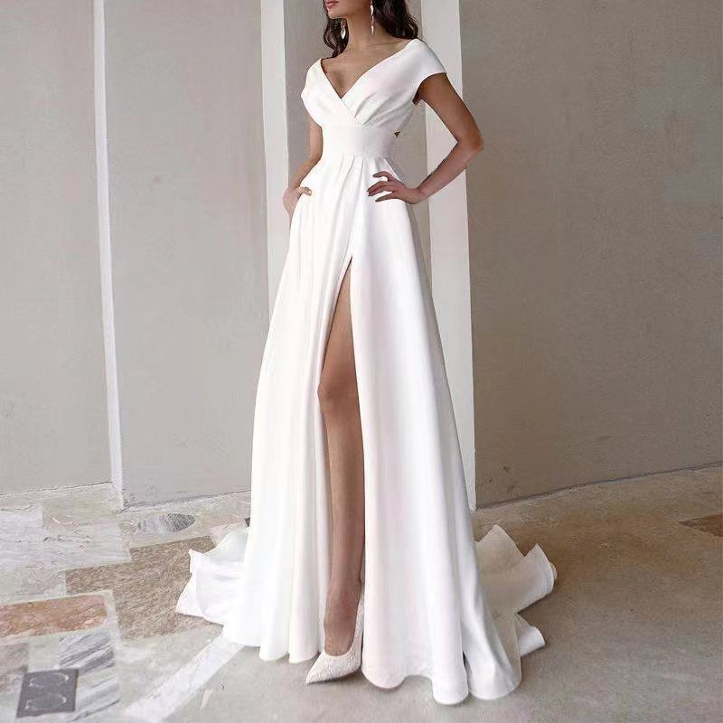 Abito lungo versatile con scollo a V e orlo arricciato, perfetto per l'ufficio e la sera (S-XL)_voghion.com