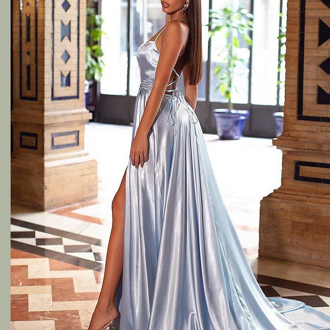 Damen Ballkleid Partykleid Brautjungfernkleid Hohe Taille Hoher Schlitz Rückenfrei Bodenlang Hosenträger Langer Rock_voghion.com