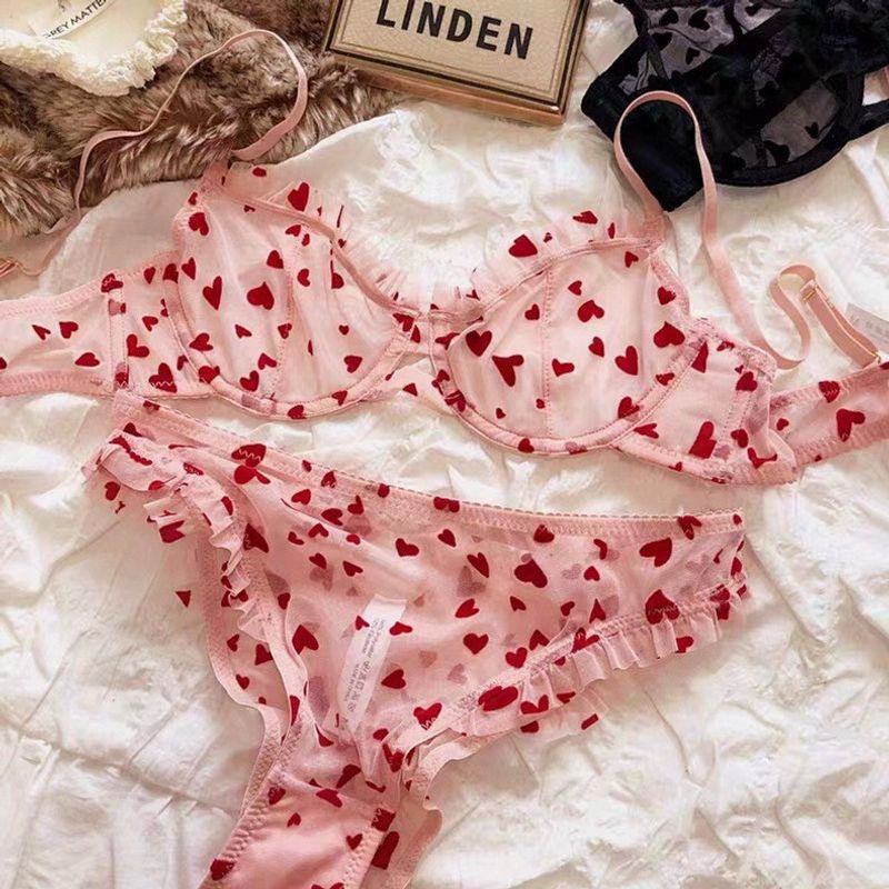 Women's Intimates Ultra Thin Transparent Heart Shaped Printed Women's Underwear Set Big Chest Small Bra_voghion.com