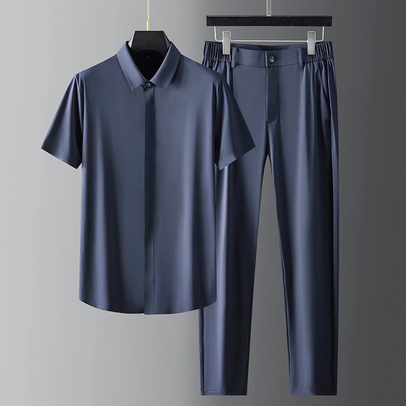 Chemise à manches courtes en soie glacée pour homme, tenue d'affaires, douce et soyeuse, sans repassage et anti-rides, séchage rapide_voghion.com