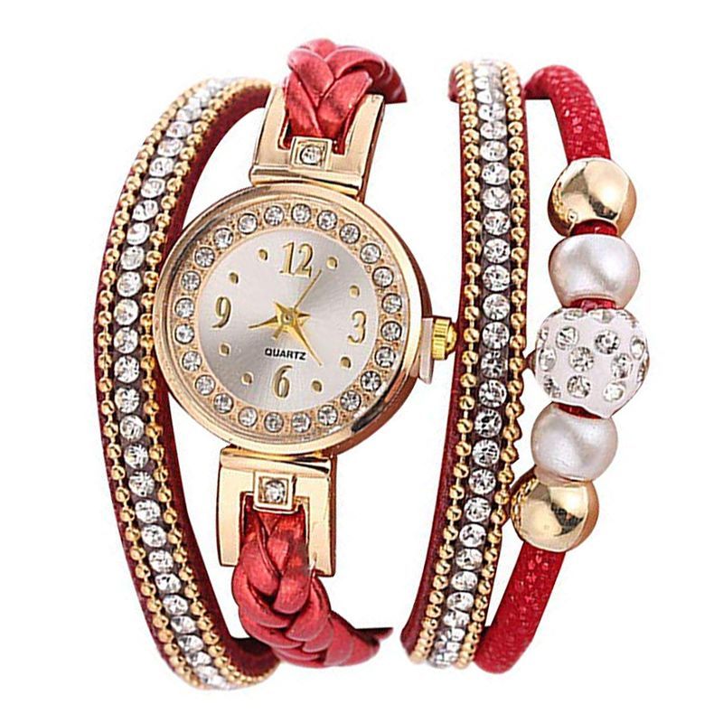 Yamaler Women Rhinestone Bead Round Dial Snap Button Multi Layer Bracelet Quartz Watch_voghion.com