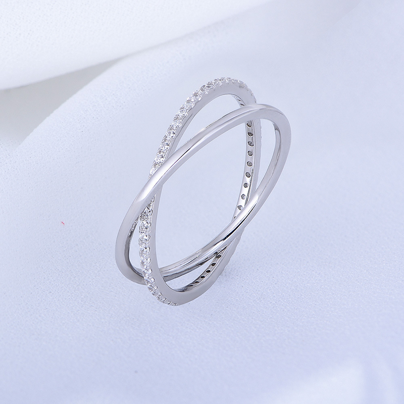 Anillo de plata de ley para mujer, estilo INS, simple, doble, con circonitas de círculo completo y entrelazadas, anillo de plata_voghion.com
