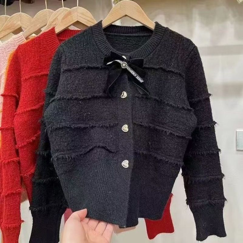Women's Clothing bow sweater jacket, Korean style, chic knitted cardigan_voghion.com