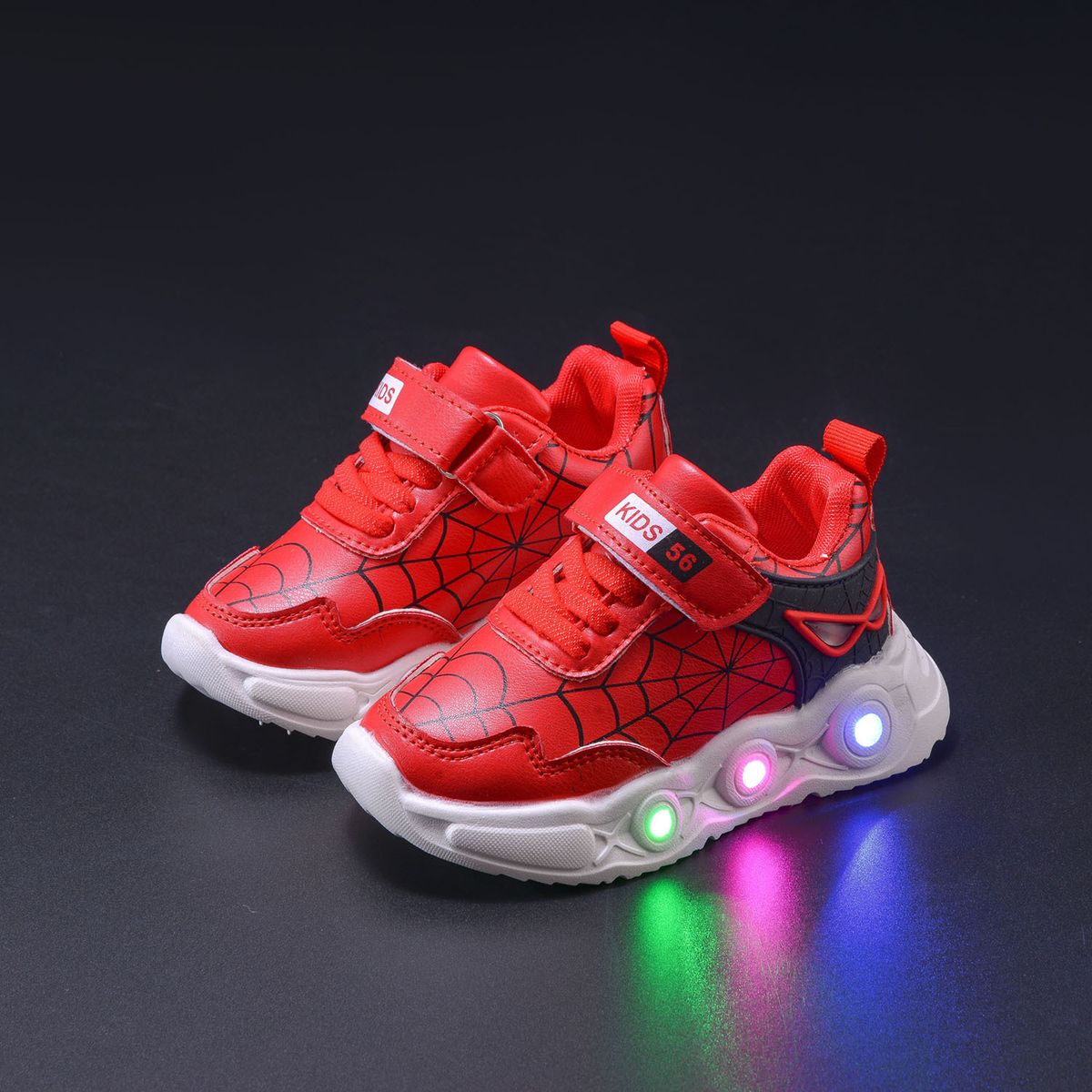 Spring Autumn New Children's Leather Spider Web LED Light up for Small and Medium sized Boys Casual Sports Shoes_voghion.com