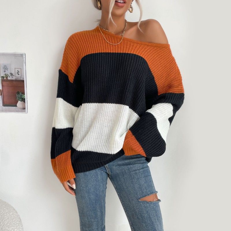 Pull intérieur tricoté à col rond de couleur contrastante_voghion.com