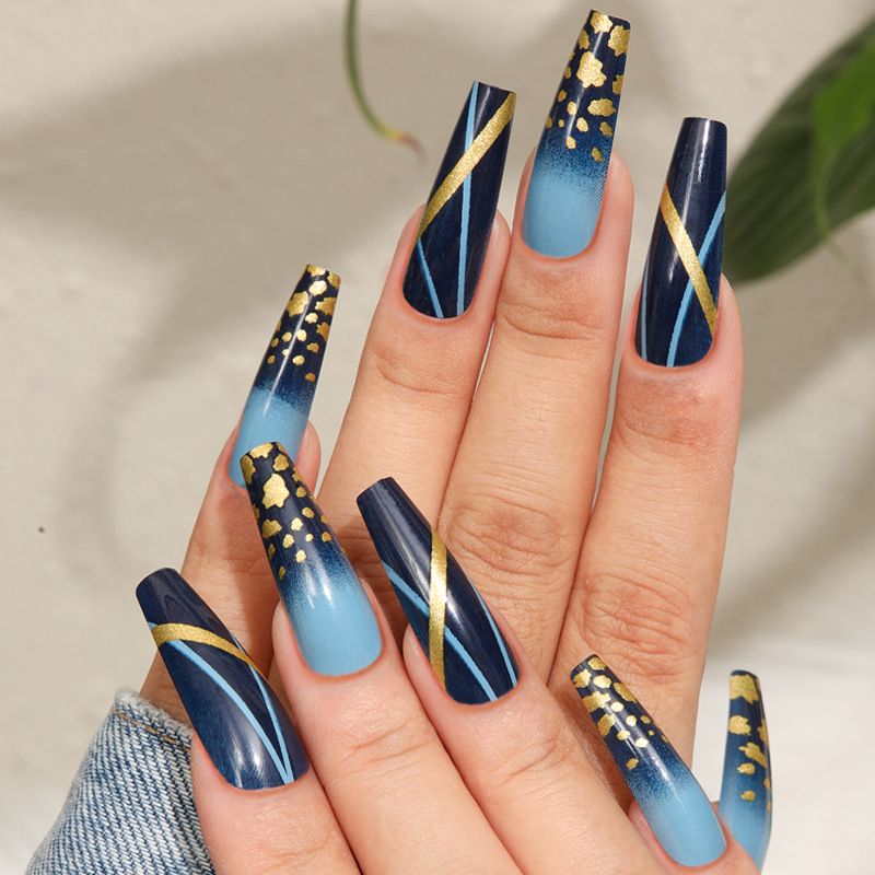 Caixão wearable 24 pçs unhas falsas gradiente azul imprensa em unhas longo ballet quadrado dicas de unhas falsas acrílico completo lg_voghion.com