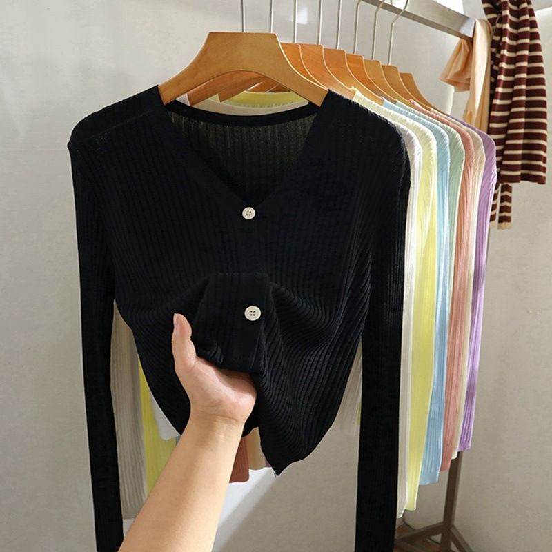 Damenbekleidung V-Ausschnitt Strickjacke Damen Oberbekleidung Jacke Frühling und Sommer Dünnes Schal-Sonnenschutzoberteil_voghion.com