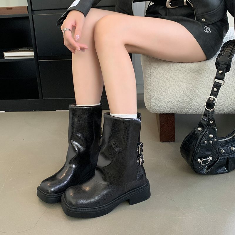 Outono e inverno novas botas plataforma de salto grosso com cabeça quadrada calças da moda botas de cano alto_voghion.com