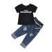 Mother & Kids new black letter printed T-shirt + button hole denim trousers with belt set_voghion.com