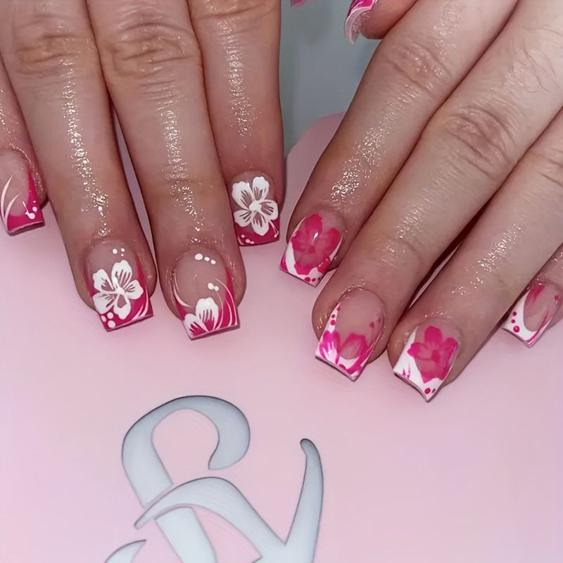 LC158 Short Square Fake Nails - Pink & White French Floral Design, Press On Nails For Women, Trendy False Nails For Daily & Party_voghion.com